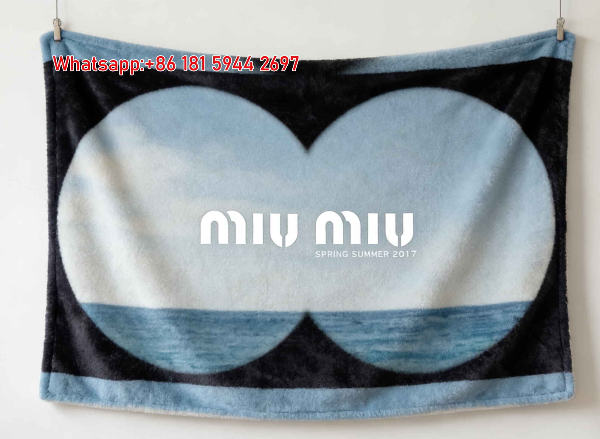 Miu Miu Blue Ocean & Black Border Spring Summer 2017 Flannel Throw Blanket IMG_0570